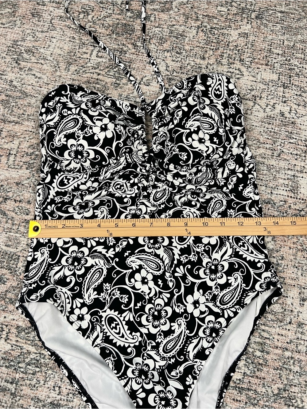 LOFT Beach Cutout Halter One Piece Swimsuit Medium Black White Floral NWT - Picture 12 of 16
